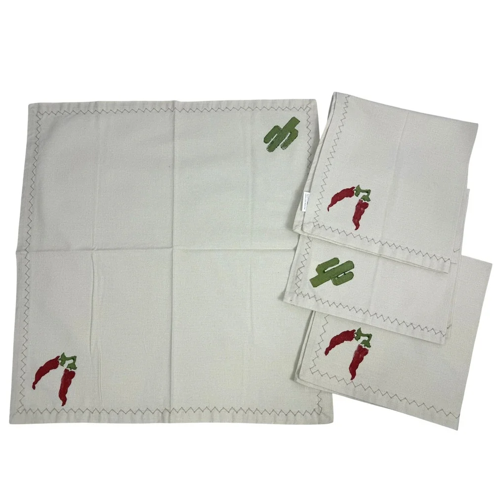 4 Piece Hand Painted Cotton Napkin‎ Set Chili Cactus Southwest Kitchen Decor